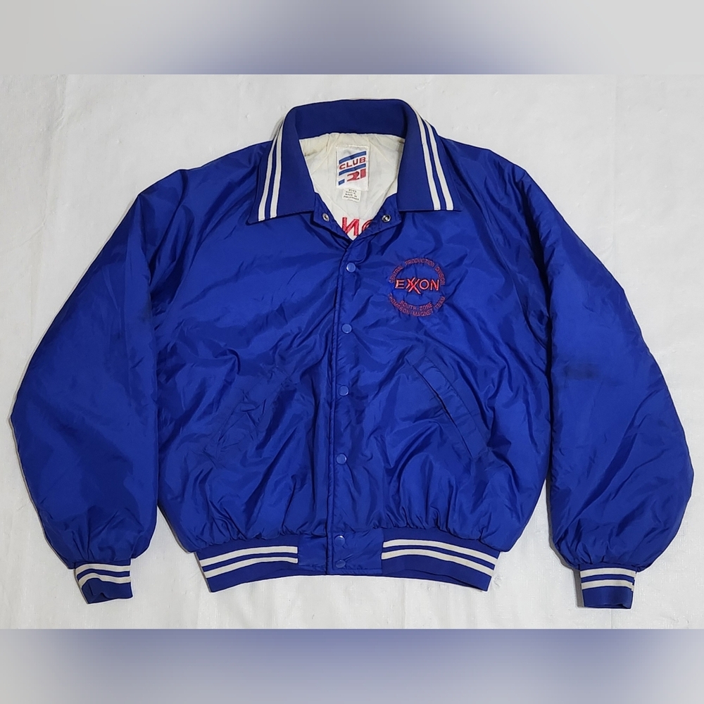 Vintage Mens Exxon USA Blue Button Up Bomber Jacket Size XL - Picture 2 of 5